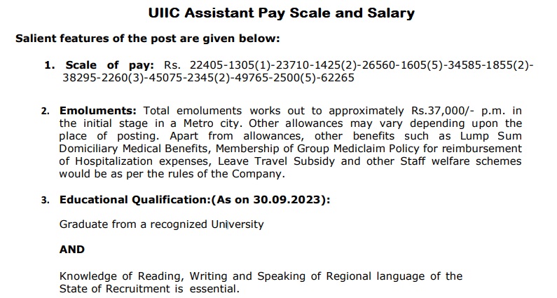 UIIC Assistant Pay Scale and Salary Emoluments