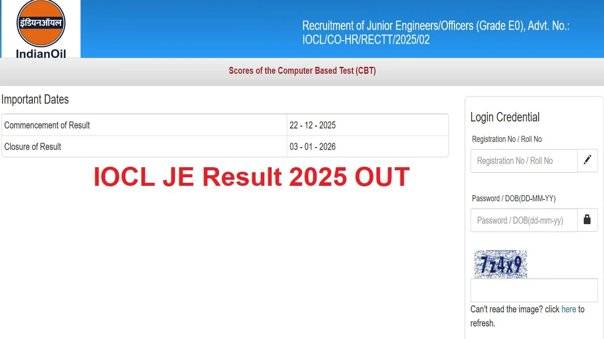 IOCL JE Result 2025 Link, Junior Engineer Scorecard Download