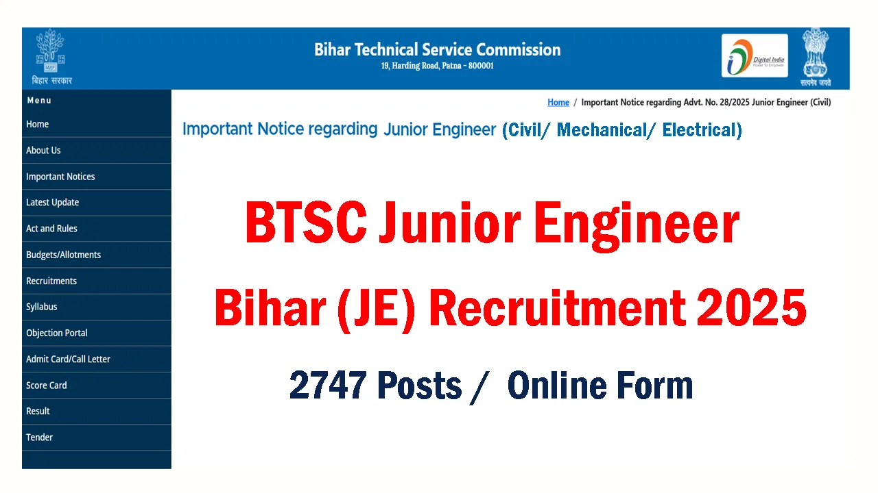 Bihar BTSC JE Junior Engineer Online Form 2025 for 2809 Post