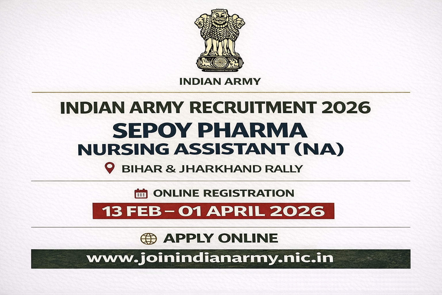 Army Nursing Assistant, Sepoy Pharma Vacancy 2026