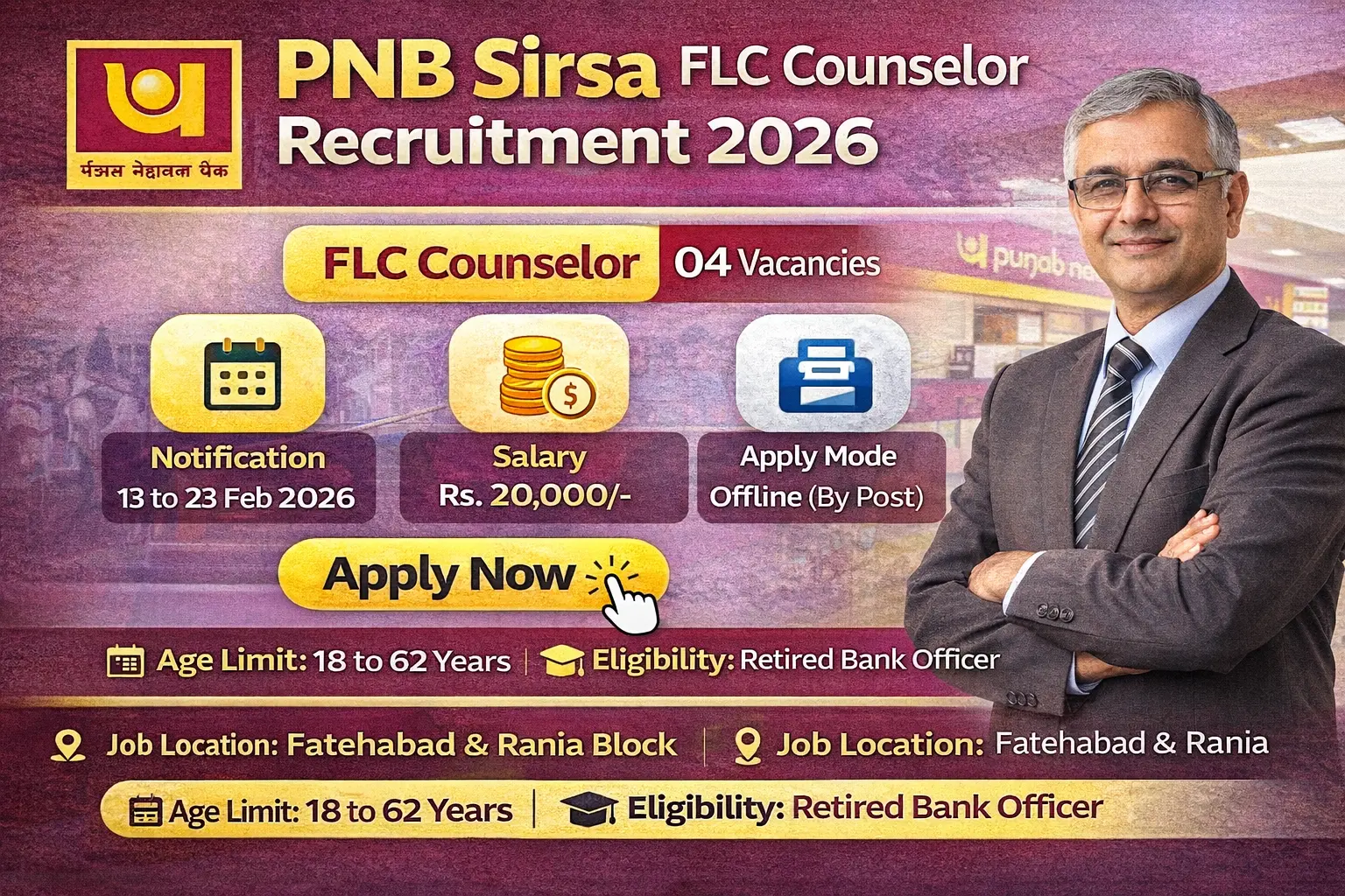 PNB Sirsa FLC Counselor Recruitment 2026