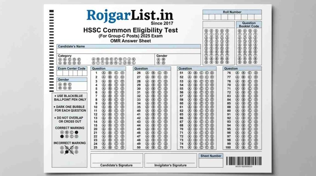 HSSC Common Eligibility Test (For Group-C Posts) 2025 Exam OMR Answer Sheet