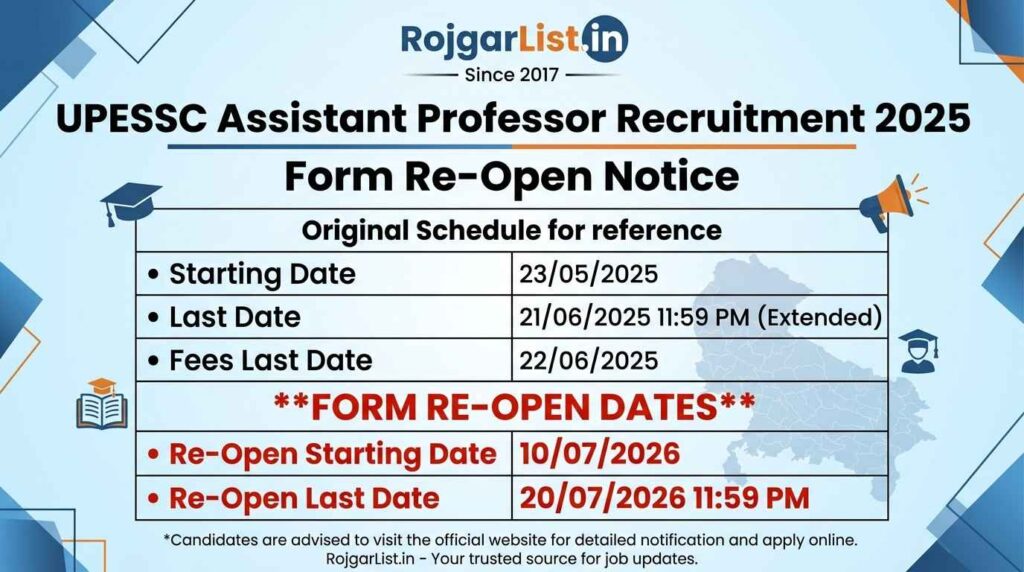 UPESSC Assistant Professor Recruitment 2025 Form Re-Open