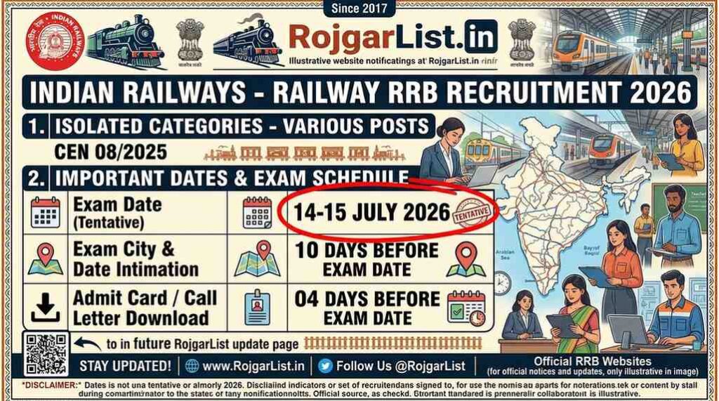Railway RRB Isolated Categories Various Posts CEN 08/2025 Recruitment 2026 Exam Date