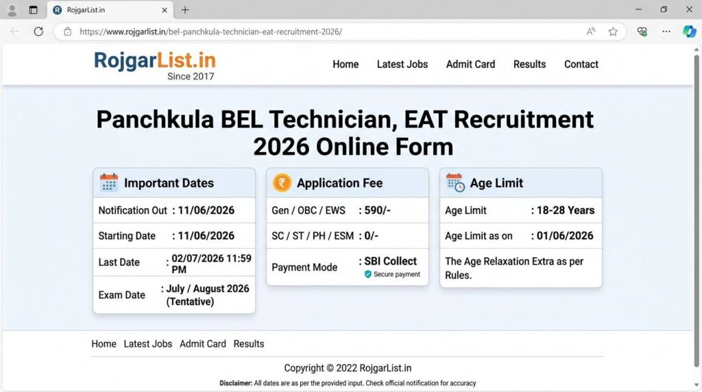 Panchkula BEL Technician, EAT Recruitment 2026 Online Form