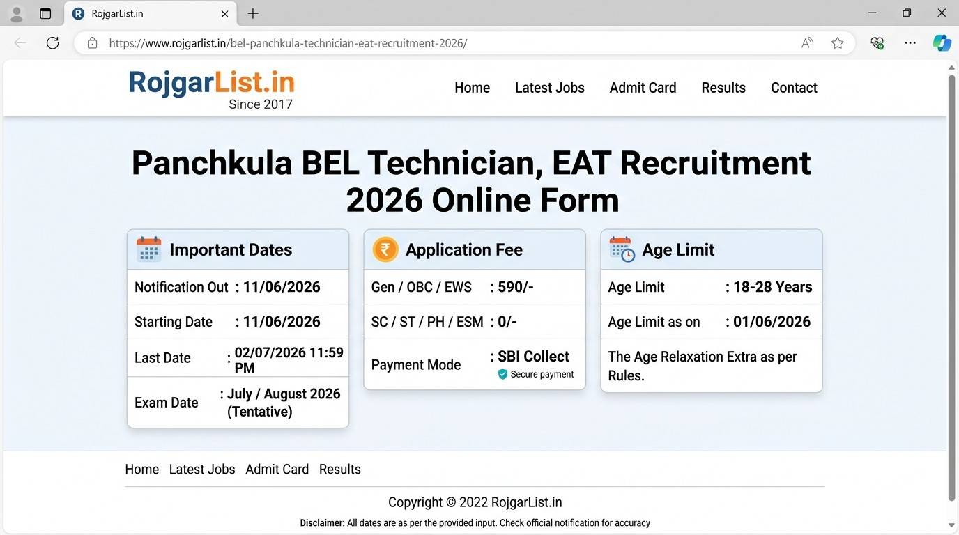 Panchkula BEL Technician, EAT Recruitment 2026 Online Form