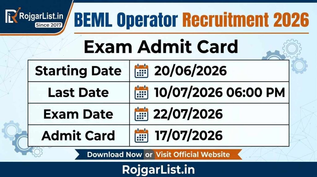 BEML Operator Recruitment 2026 Exam Admit Card