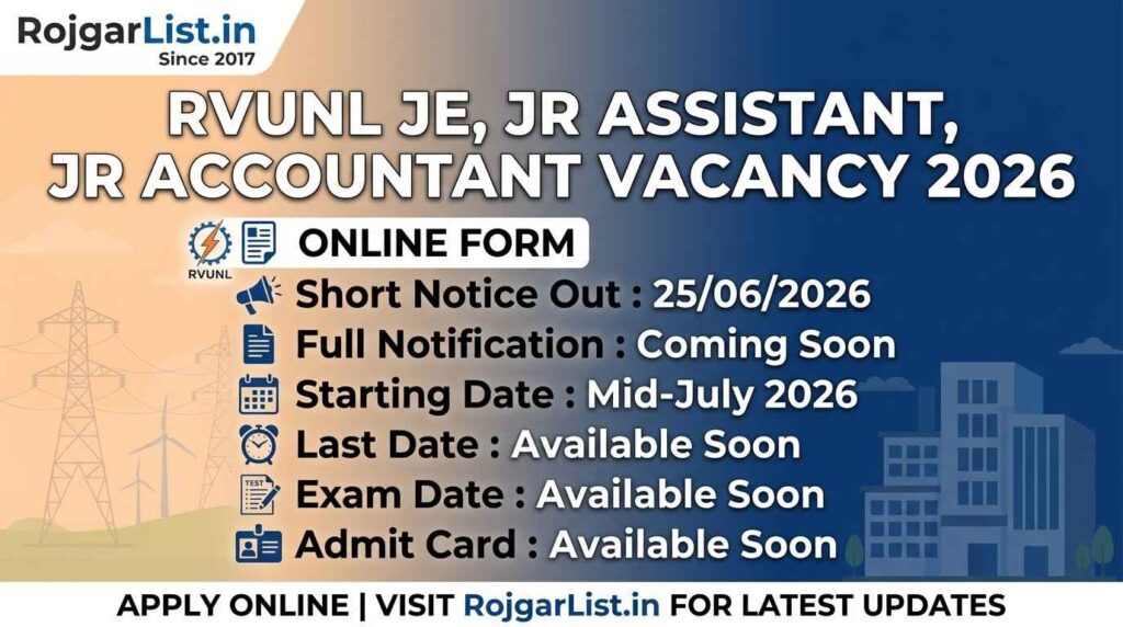RVUNL JE, Jr Assistant, Jr Accountant Vacancy 2026 Online Form
