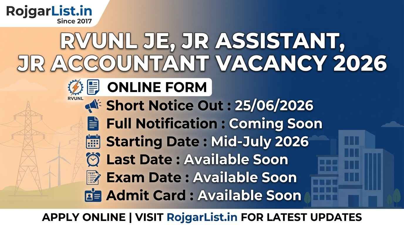 RVUNL JE, Jr Assistant, Jr Accountant Vacancy 2026 Online Form