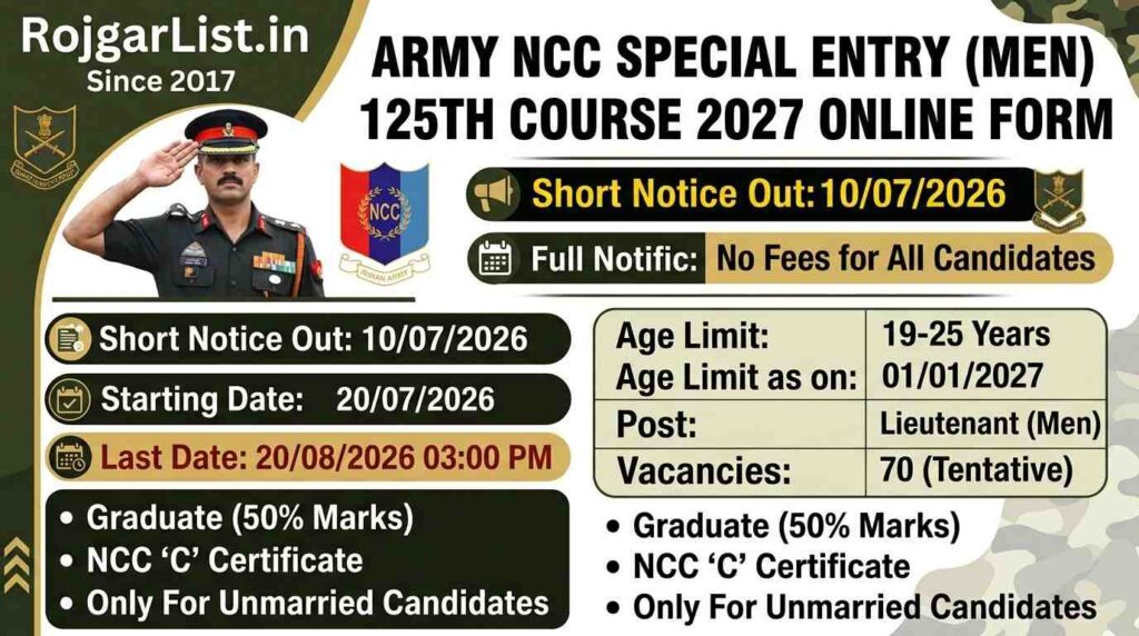 Army NCC Special Entry (Men) 125th Course 2027 Online Form
