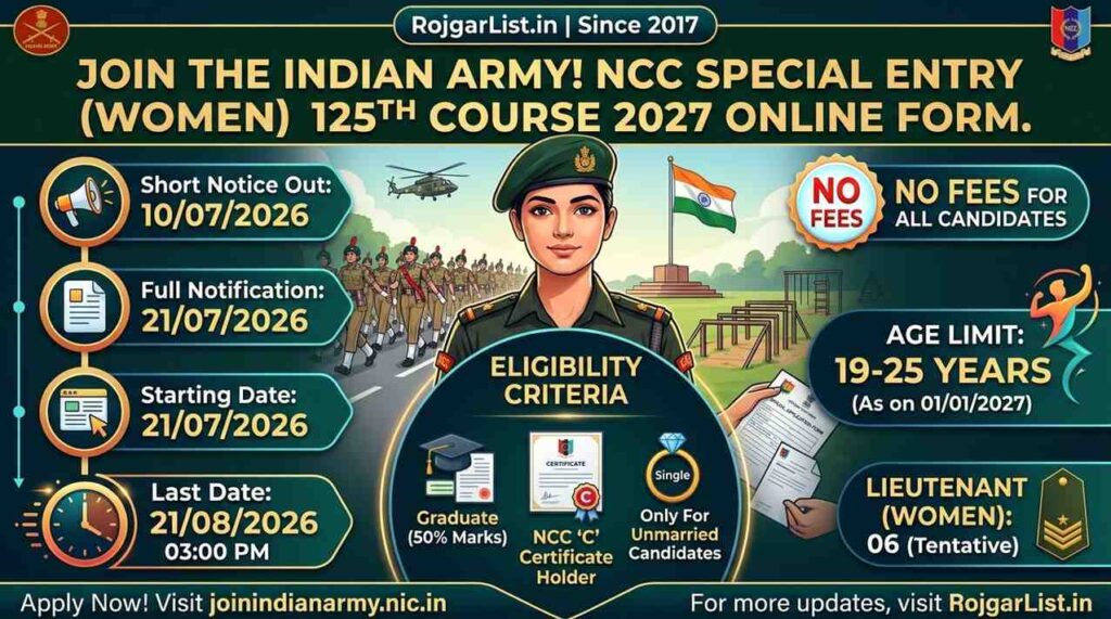 Army NCC Special Entry (Women) 125th Course 2027 Online Form