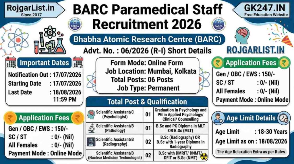 BARC Paramedical Staff Recruitment 2026 Online Form