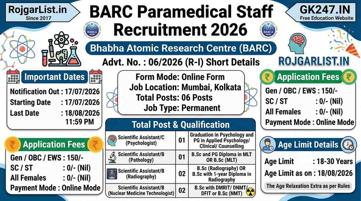 BARC Paramedical Staff Recruitment 2026 Online Form