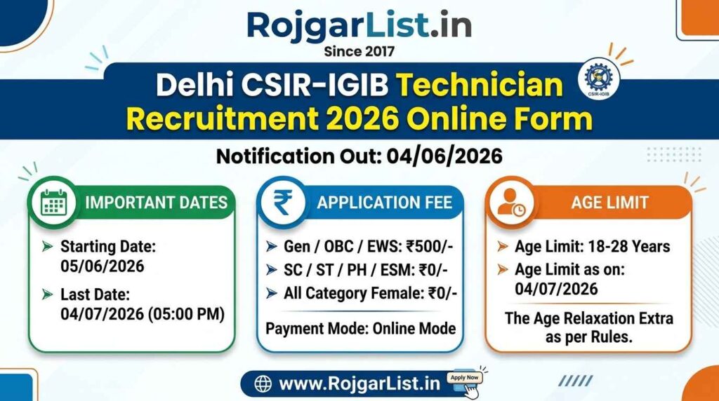 Delhi CSIR-IGIB Technician Recruitment 2026 Online Form