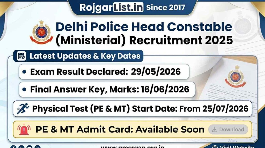 Delhi Police Head Constable (Ministerial) Recruitment 2025 Physical Test Date
