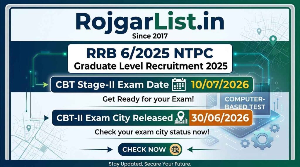 RRB 6/2025 NTPC Graduate Level Recruitment 2025 CBT-II Exam City