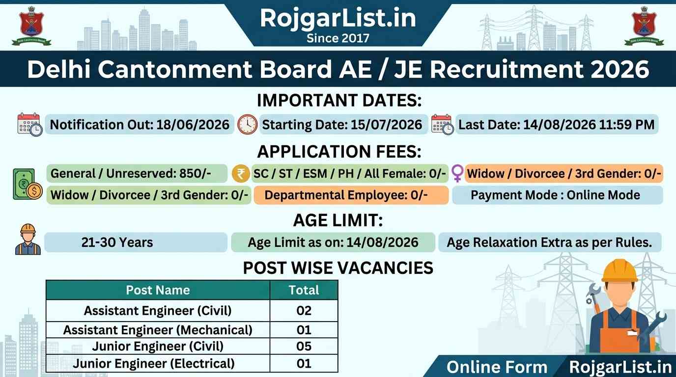 Delhi Cantonment Board AE / JE Recruitment 2026 Online Form